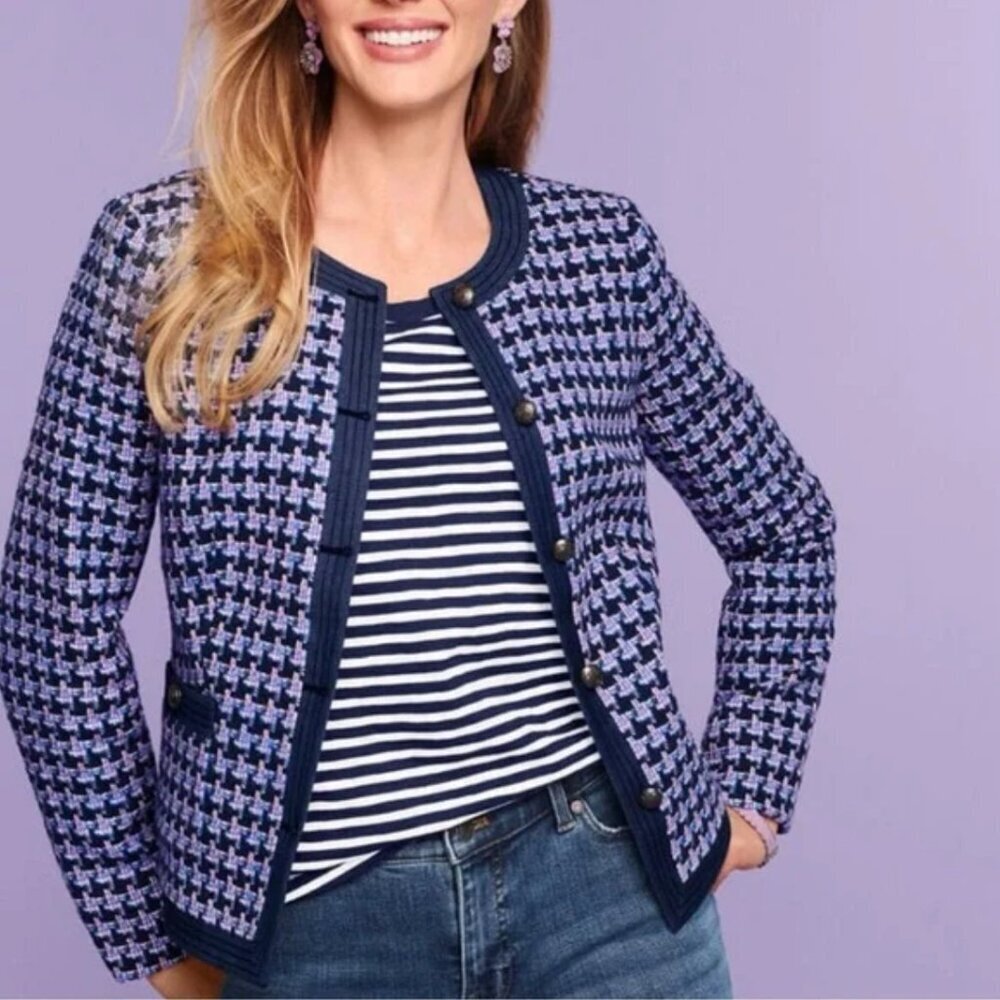 Talbots Women's Blue and Purple Tweed Denim Trim Preppy Jacket Blazer Size 14P